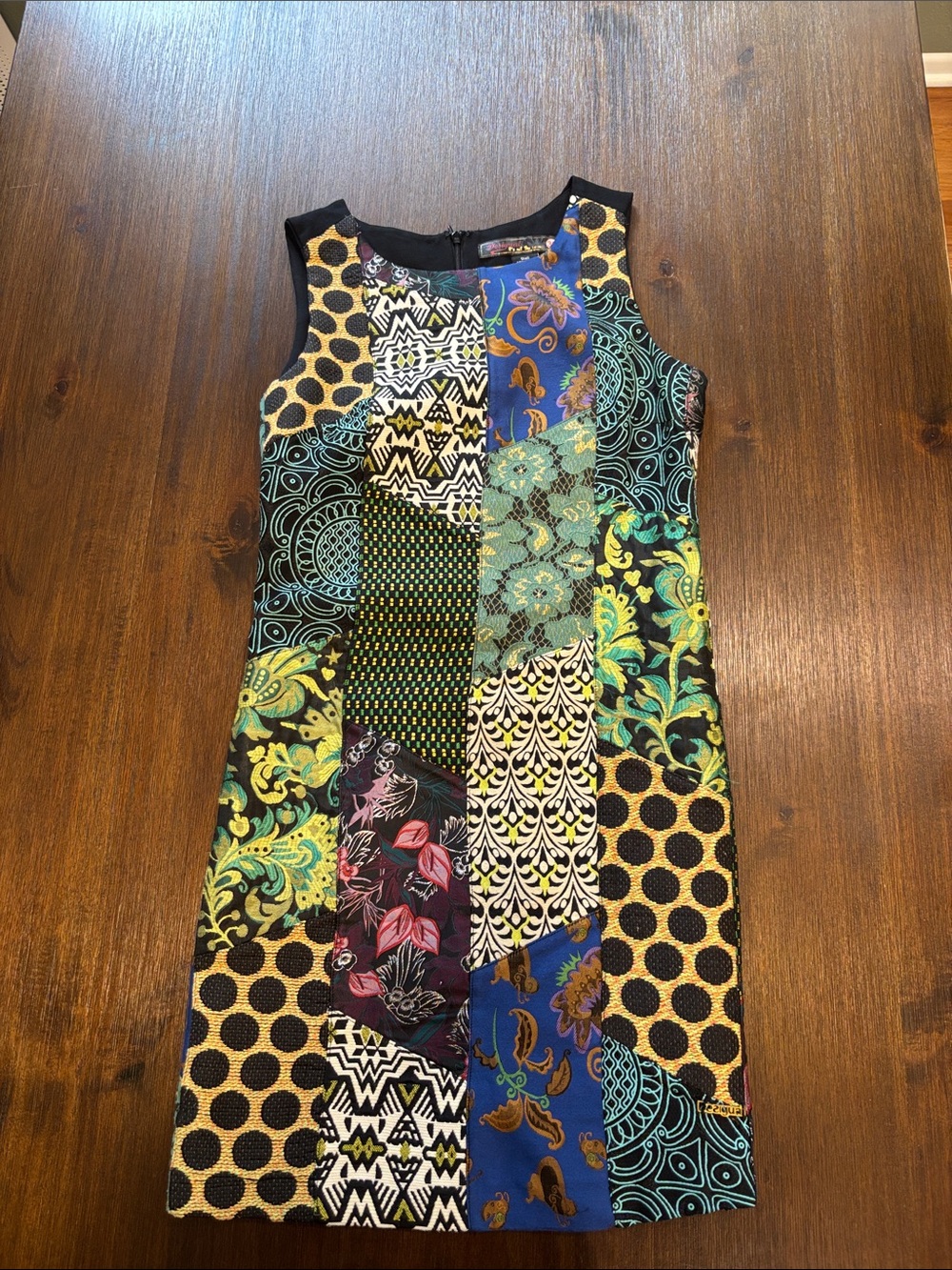 Desigual Patchwork Dress in Black, Yellow, Blue, Green